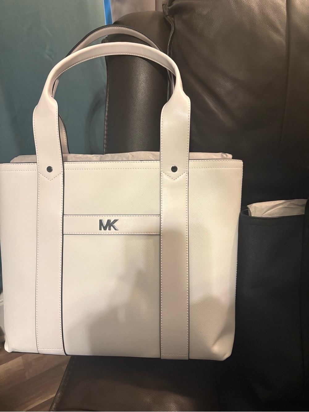 Michael Kors White Leather Tote with MK Logo